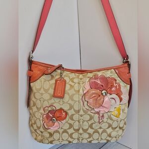 Coach Beige Signature Shoulder Bag with Coral and Pink Floral Appliqués